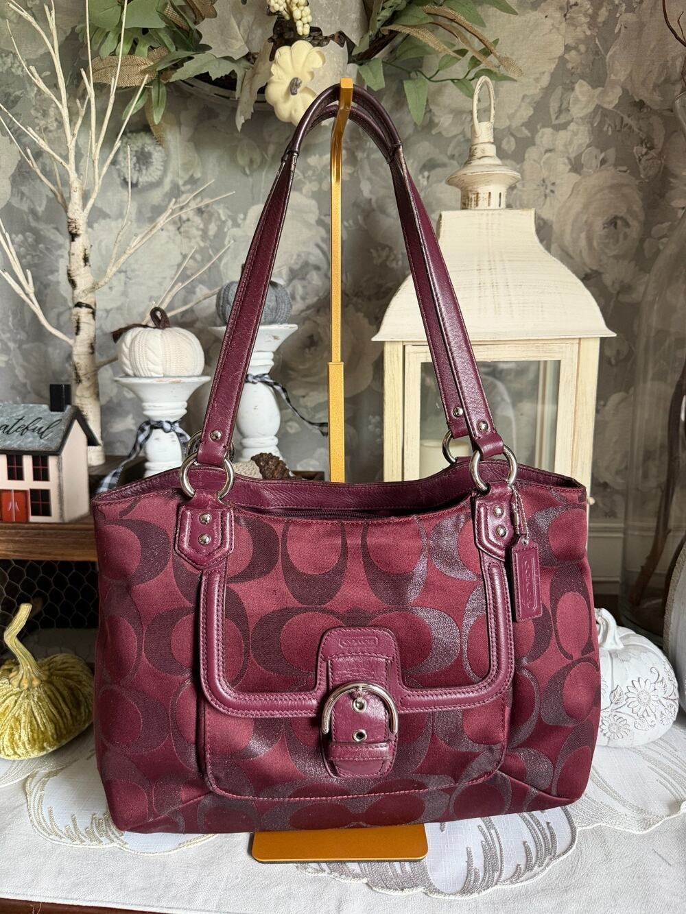 Y2K Coach CAMPBELL Signature Burgundy Metallic BELLE CARRYALL Handbag Purse